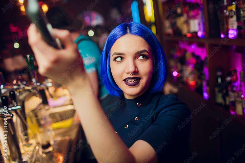 Beautiful Cheerful Brunette Bartender Girl In White Shirt And Black Bow Tie Serving Alcohol