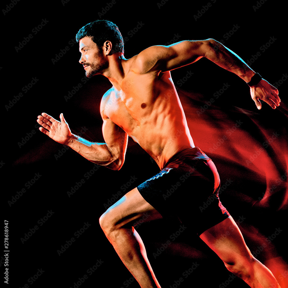 One Caucasian Topless Muscular Mature Man Runner Running Jogger Jogging Isolated On Black