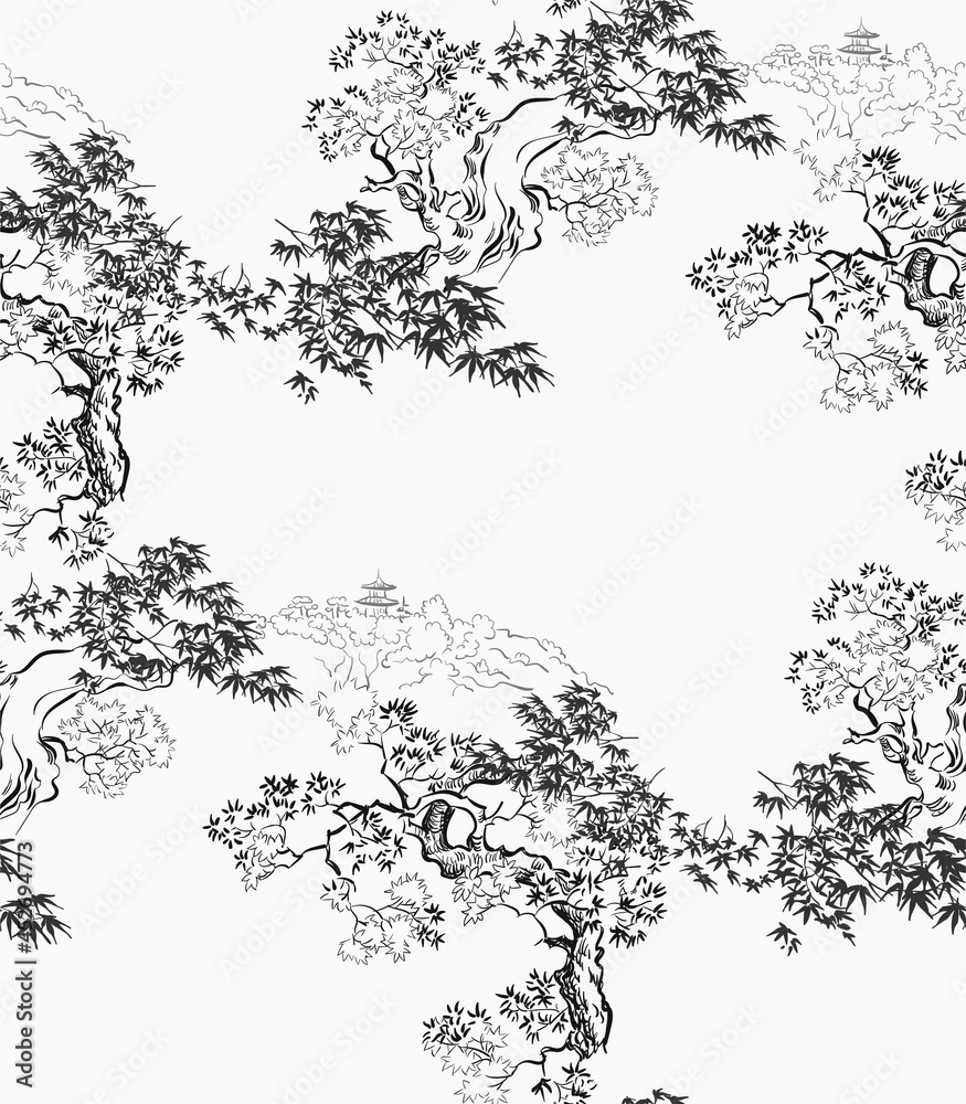 Mountain Landscape Asian Chinese Japanese Engraved Vector Seamless