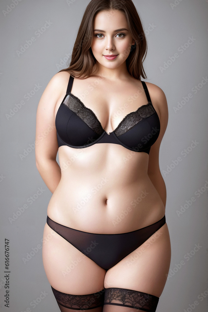 Curve Woman Plus Size Model In Lingerie On Gray Background Generative Ai Stock Illustration