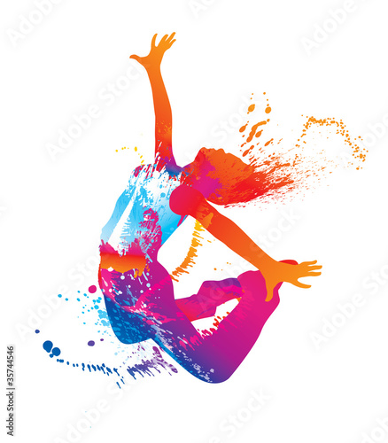 The dancing girl with colorful spots and splashes on white