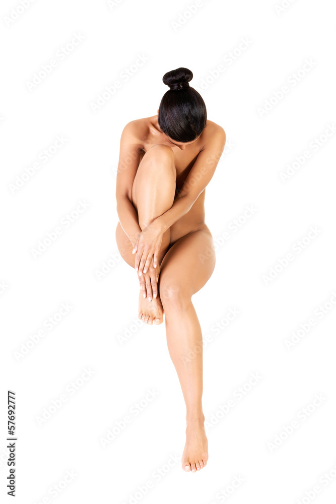 Beautiful Naked Woman Sitting And Holding One Leg She Has Her H Stock