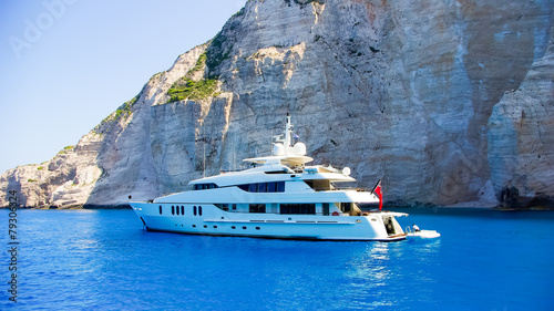 Luxury white yacht navigates into beautiful blue water near Zaky
