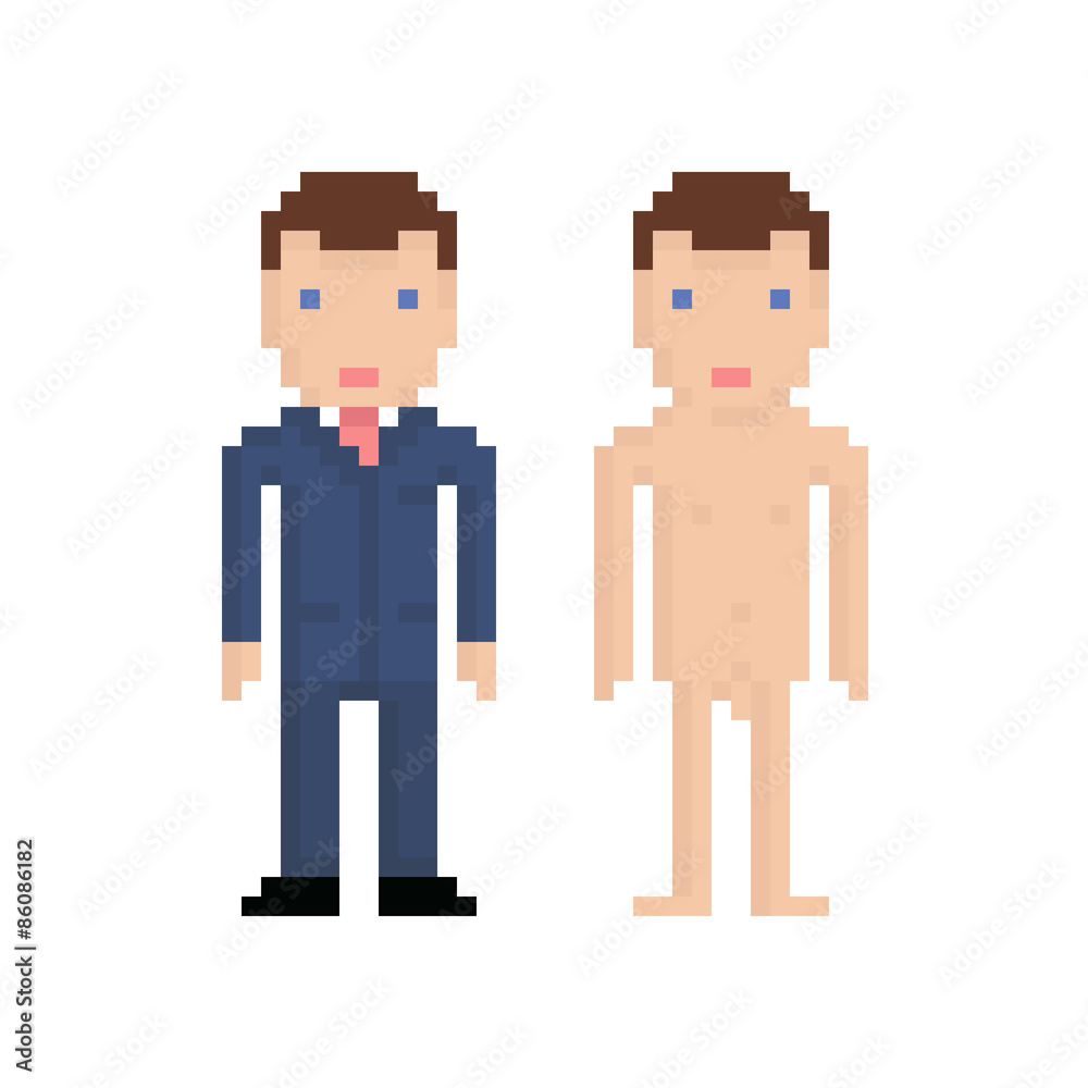 Pixel Art Man In Blue Suit And Naked Bit Retro Illustration Vector De