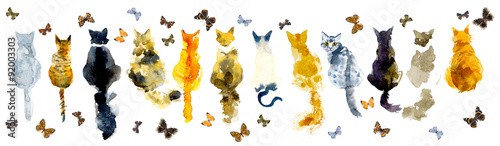 Cats and butterflies. Seamless border stripe. Watercolor hand drawn illustration