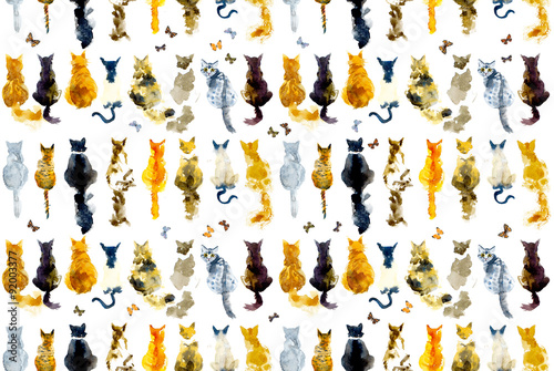 Cats and butterflies seamless background. Watercolor hand drawn illustration