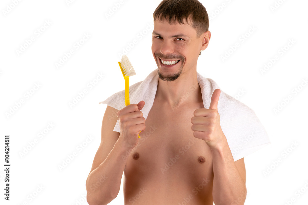 Smiling Adult Naked Man With Big Bright Yellow Toothbrush In His Right