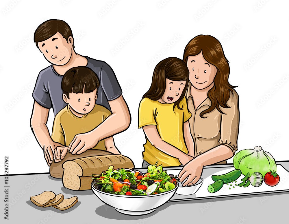 familia de hombre mujer y niños preparando la comida Stock Illustration