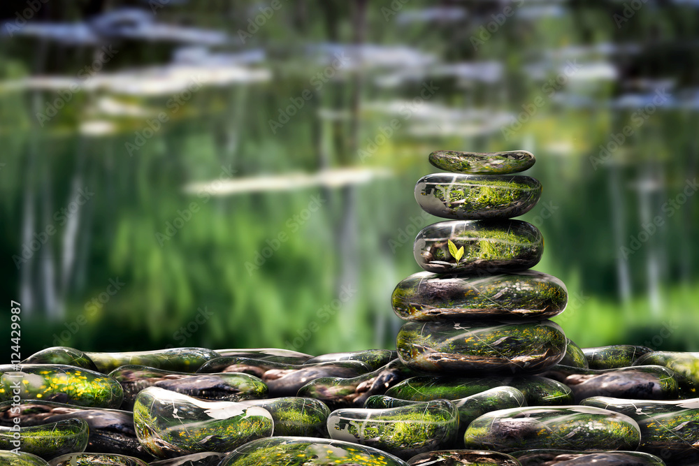 Zen pyramid of bulk glass stones. The concept of meditation, serenity, environment, health