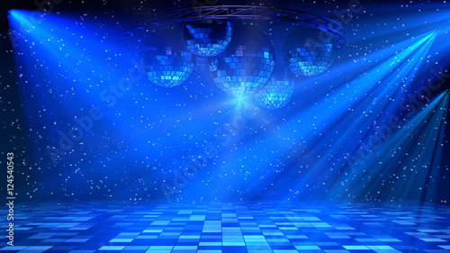 Blue disco dance floor with mirror balls, lattice circle and spot lights. 3d render.