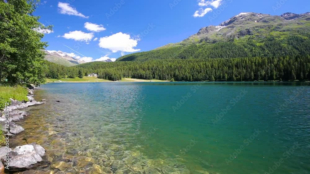 Walking Path Along Sankt Moritzersee With Green Forest And Swiss Alps