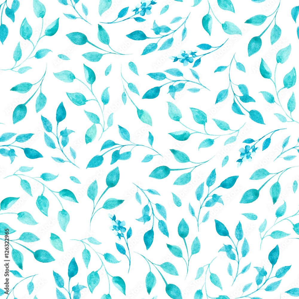 pattern of watercolor blue and green leaves and flowers