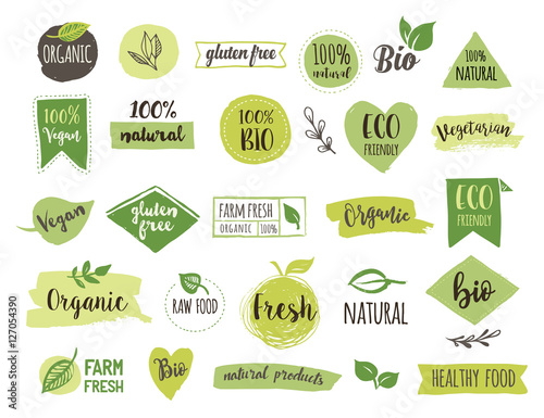 Bio, Ecology, Organic logos and icons, labels, tags. Hand drawn bio healthy food badges, set of raw, vegan, healthy food signs, organic and elements set