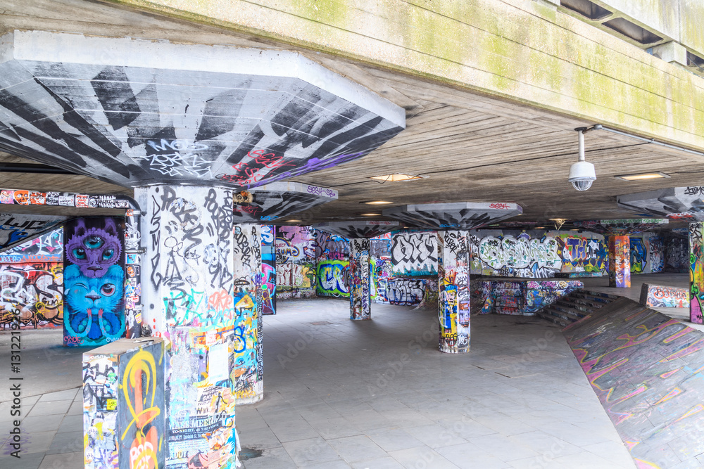 HDR image of graffiti at skate park, South Bank, London.