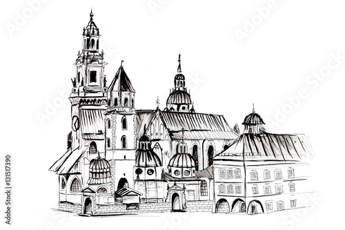Szkic odręczny. Katedra na Wawelu w Krakowie ręcznie rysowana na białym tle