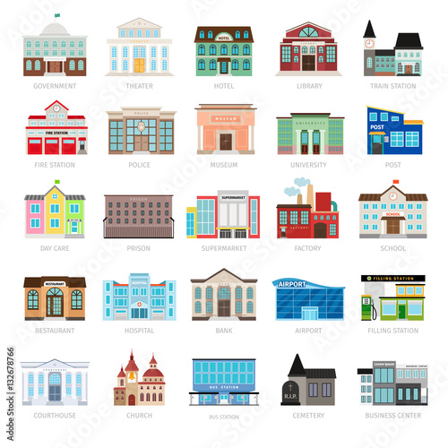 Municipal library and city bank, hospital and school vector icon set. Colored urban government building icons
