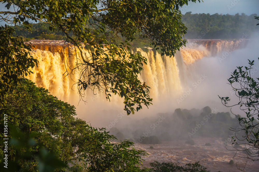 Iguazu Falls, beautiful sunset.