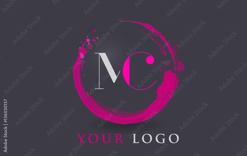 MC Letter Logo Circular Purple Splash Brush Concept Stock Vector