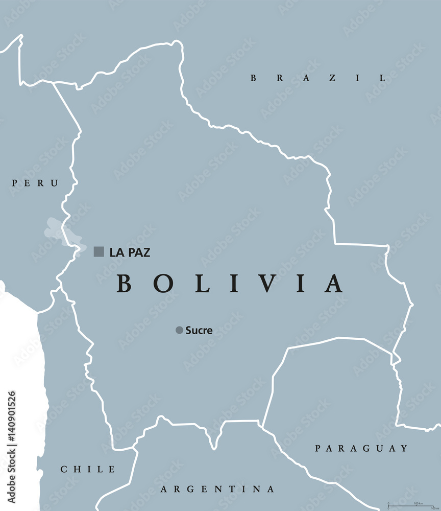 Bolivia Political Map With Capital Sucre And La Paz National Borders