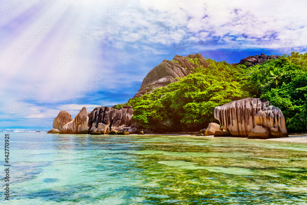 Anse Source d'argent, La Digue island. The Seychelles. Toned image