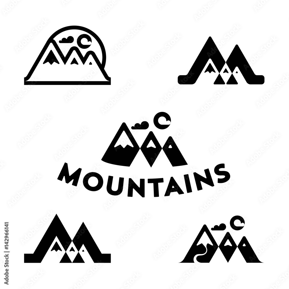 Set Of Vector Mountain And Outdoor Adventures Logo Tourism Hiking And