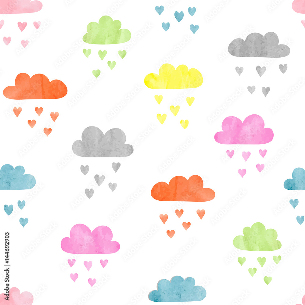 Seamless colorful watercolor clouds pattern. Rain of hearts. Vector illustration.