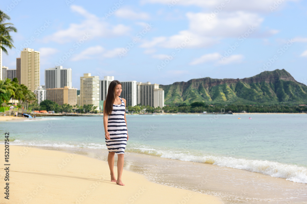 Waikiki Beach Hawaii Travel Tourist Woman Relaxing Walking On Sand At