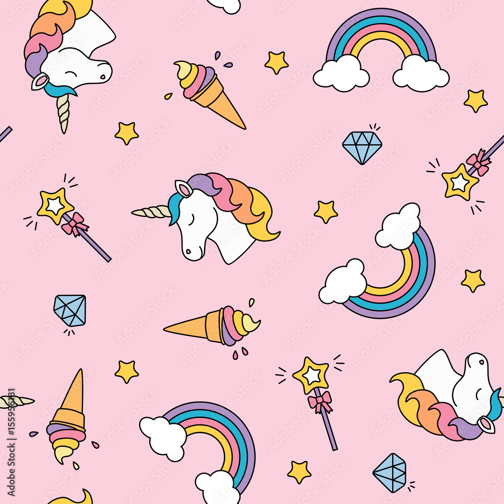 Unicorn, rainbow and magic wand pastel colors seamless pattern