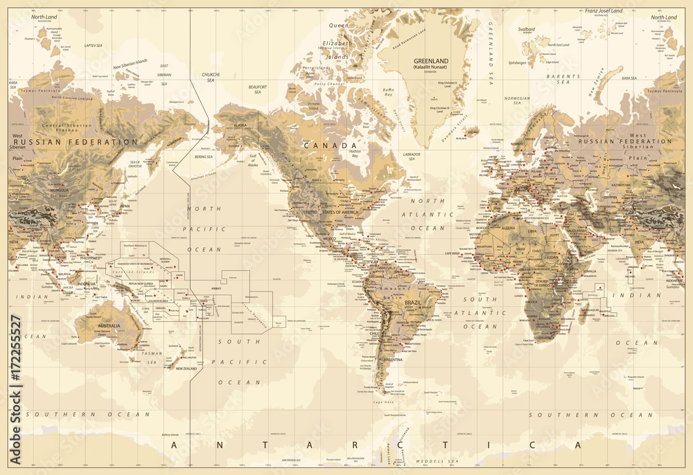 Vintage Physical World Map-America Centered-Colors of Brown