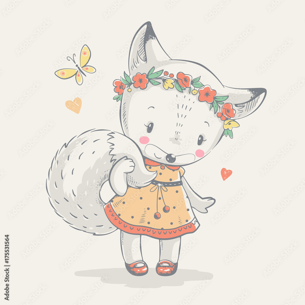 Cute little fox in blue dress cartoon hand drawn vector illustration. Can be used for baby t-shirt print, fashion print design, kids wear, shower celebration greeting and invitation card.