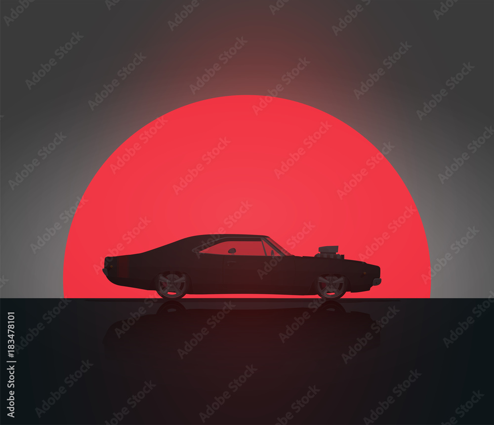 Classic Vintage American Side View Muscle Car In Sunset Silhouette