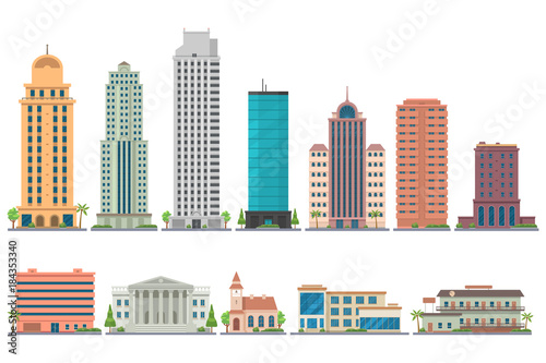 City modern buildings flat illustration isolated on white background. City landscape with skyscrapers. Offices, school, bank, church, club, motel, apartments. Vector eps 10.