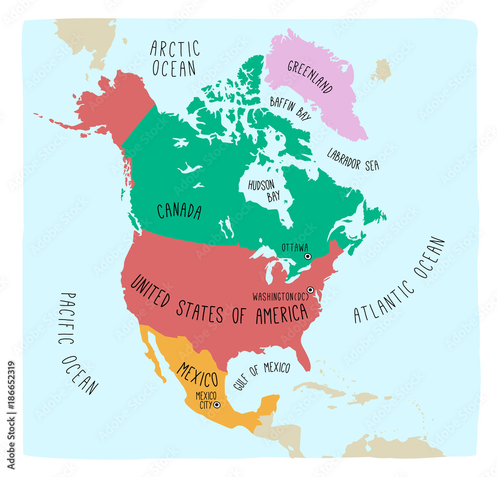 Hand Drawn Vector Map Of North America Blueprint Style Cartography Of