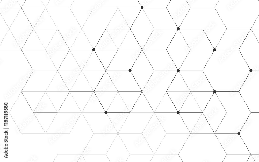 Illustration, hexagonal background. Digital geometric abstraction with lines and dots. Geometric abstract design.