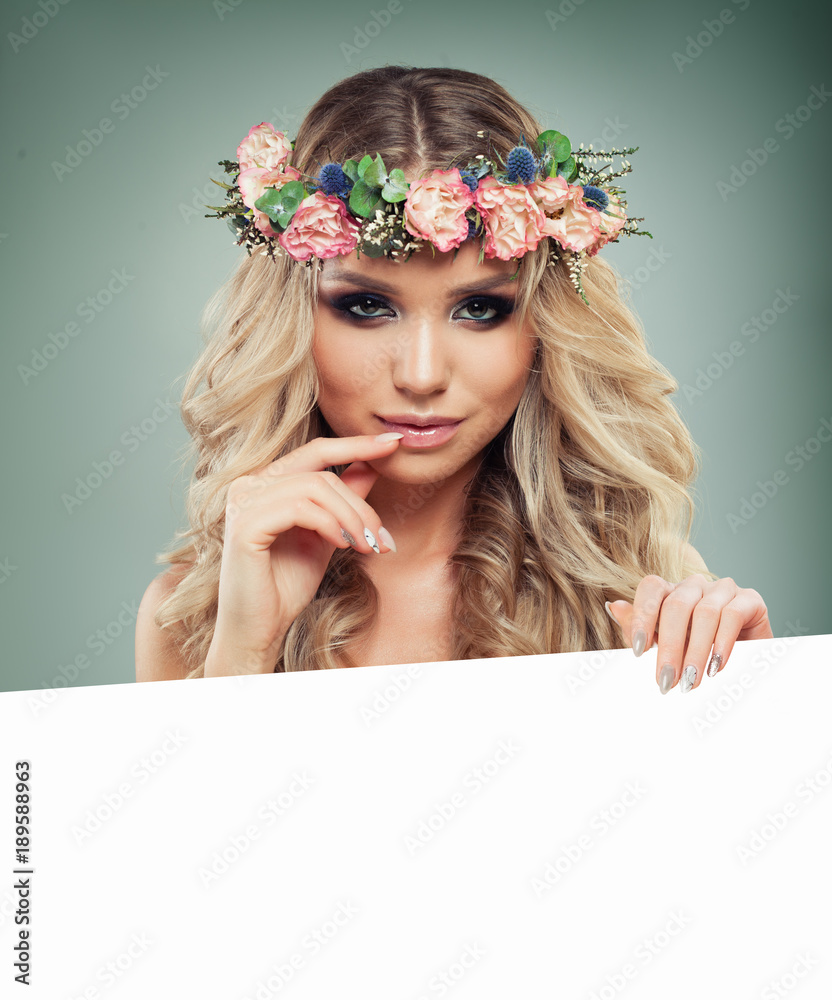 Sexy Blonde Woman With Blank Board Paper Background For Text Stock Photo Adobe Stock