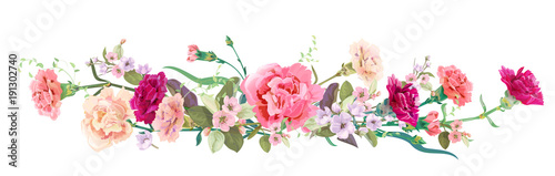 Panoramic view: bouquet of carnation schabaud, spring blossom. Horizontal border: red, pink flowers, buds, leaves on white background. Digital draw illustration in watercolor style, vintage, vector