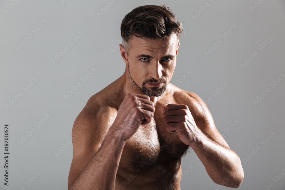 Close Up Portrait Of A Strong Mature Shirtless Sportsman Boxing Stock Photo Adobe Stock