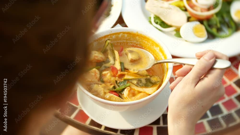 Prawn Spicy Soup Is A Thai Dish With Sour And Spicy Taste Busty Girl In A Bikini Eats Tom Yam