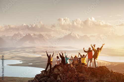 Big group of people success mountain top
