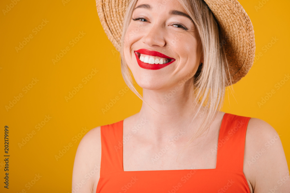Happy Adorable Blonde Woman With Big Tetty Smile And Straw Hat Warm Summer Background Bright