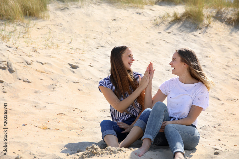Zwei H Bsche Blonde Frauen Sitzen Lachend Am Strand Und Klatschen Sich Ab Stock Adobe Stock