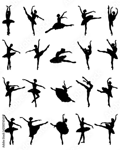 Black silhouettes of ballerinas on a white background
