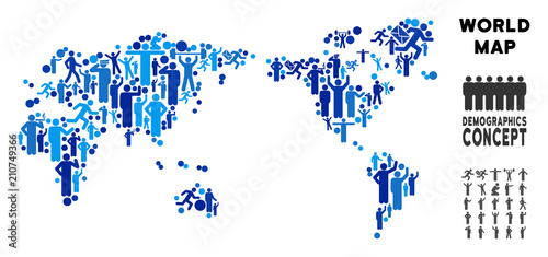 Vector population world map. Demography mosaic of world map created of men with different postures. Demographic map in blue shades. Abstract social representation of nation mass cartography.