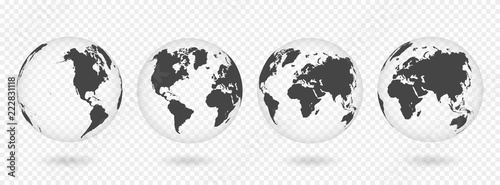 Set of transparent globes of Earth. Realistic world map in globe shape with transparent texture and shadow