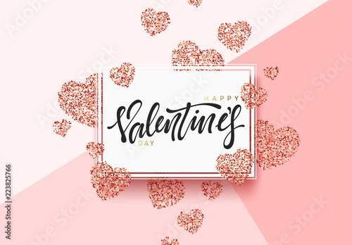 Happy Valentines Day lettering greeting card on red bright heart background. Festive banner and poster.