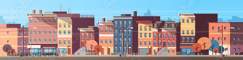 city building houses view skyline background real estate cute town concept horizontal banner flat vector illustration
