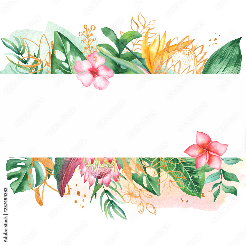 Watercolor Banner With Tropical Leaves And Flowers Watercolor Stains