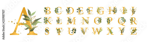 Golden floral alphabet font uppercase letters with flowers leaves gold splatters