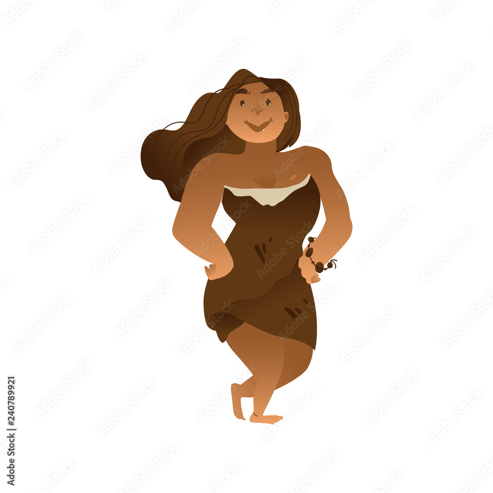 Vector Sketch Female Cavewoman Walking Naked In Loincloth Made Of