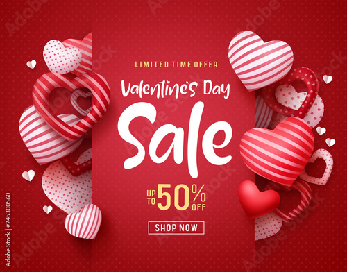 Valentines day sale vector banner. Sale discount text for valentines day shopping promotion with hearts elements in red background. Vector illustration.